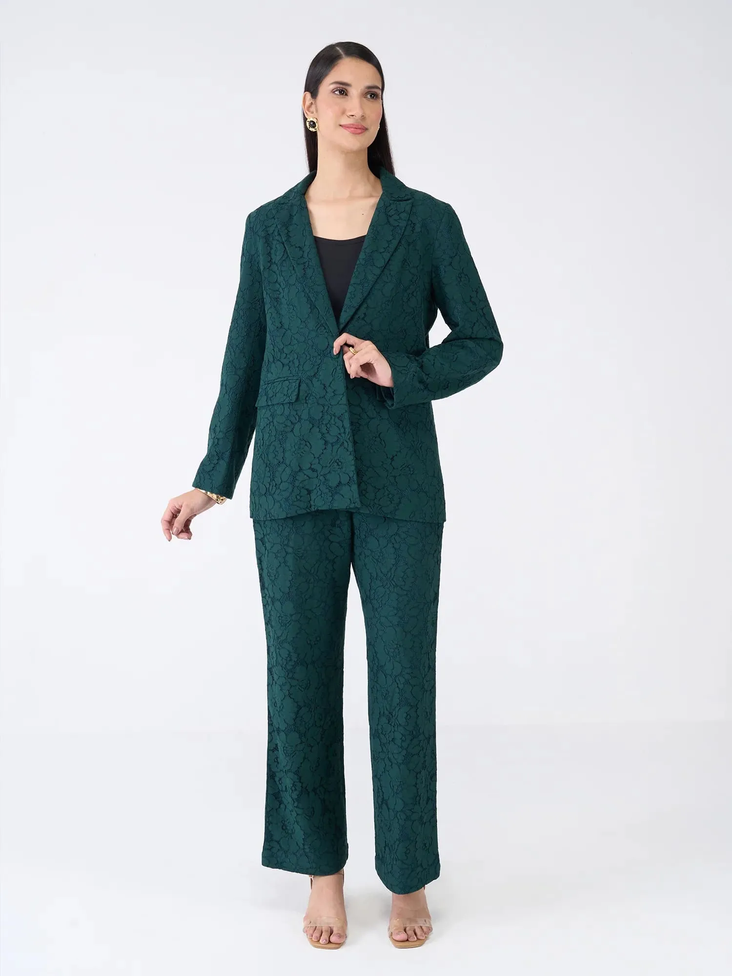 Madison Lace Patterned Blazer Suit Set - Dark Green