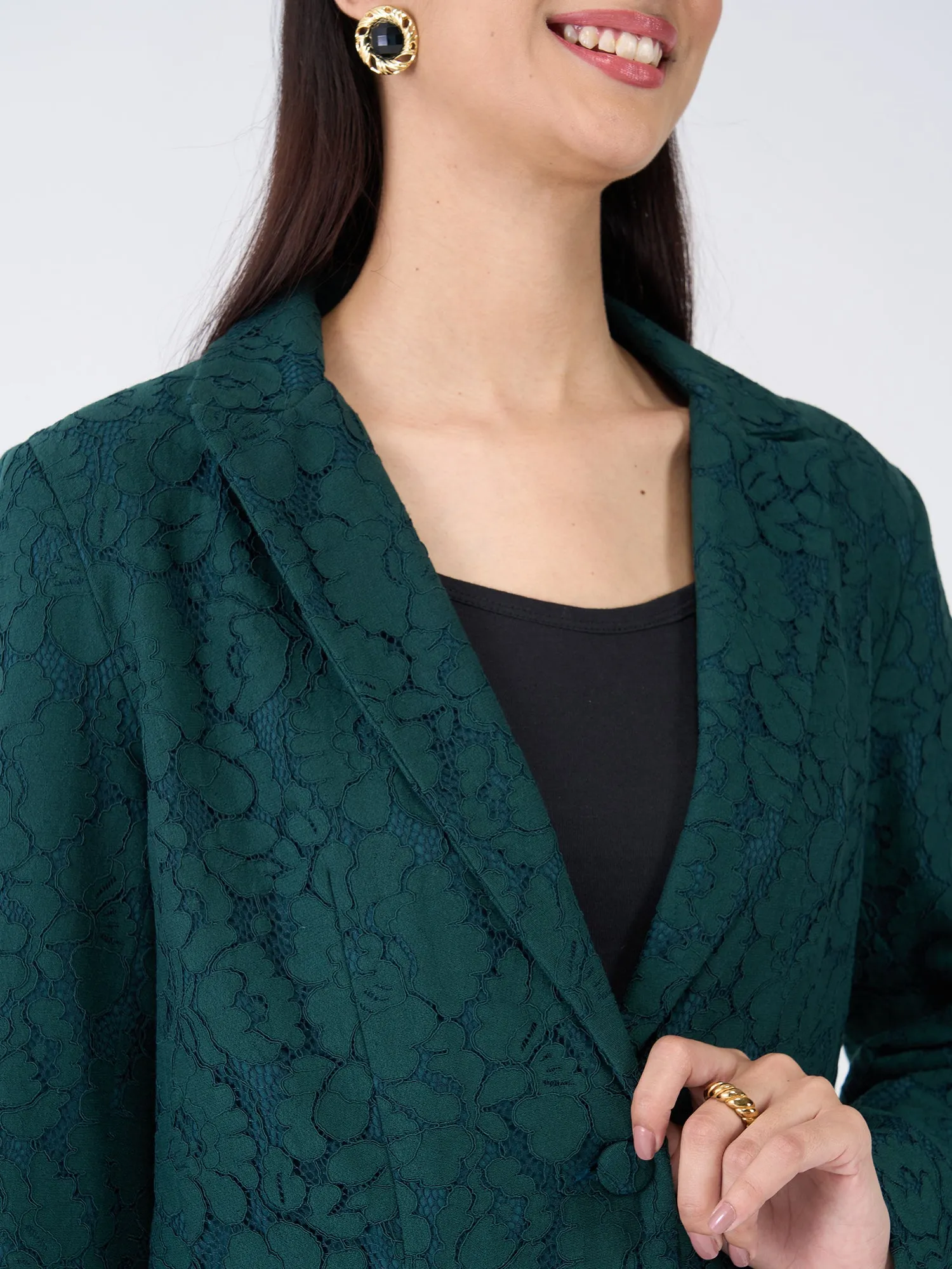 Madison Lace Patterned Blazer Suit Set - Dark Green