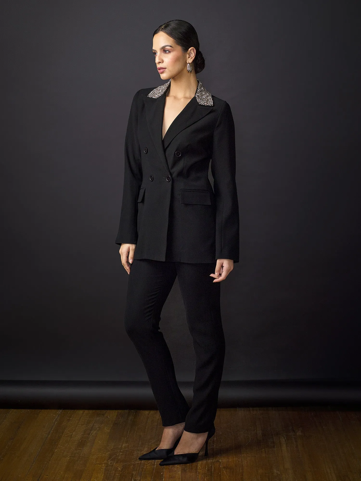 Marie Embellished Double Breasted Blazer-Black
