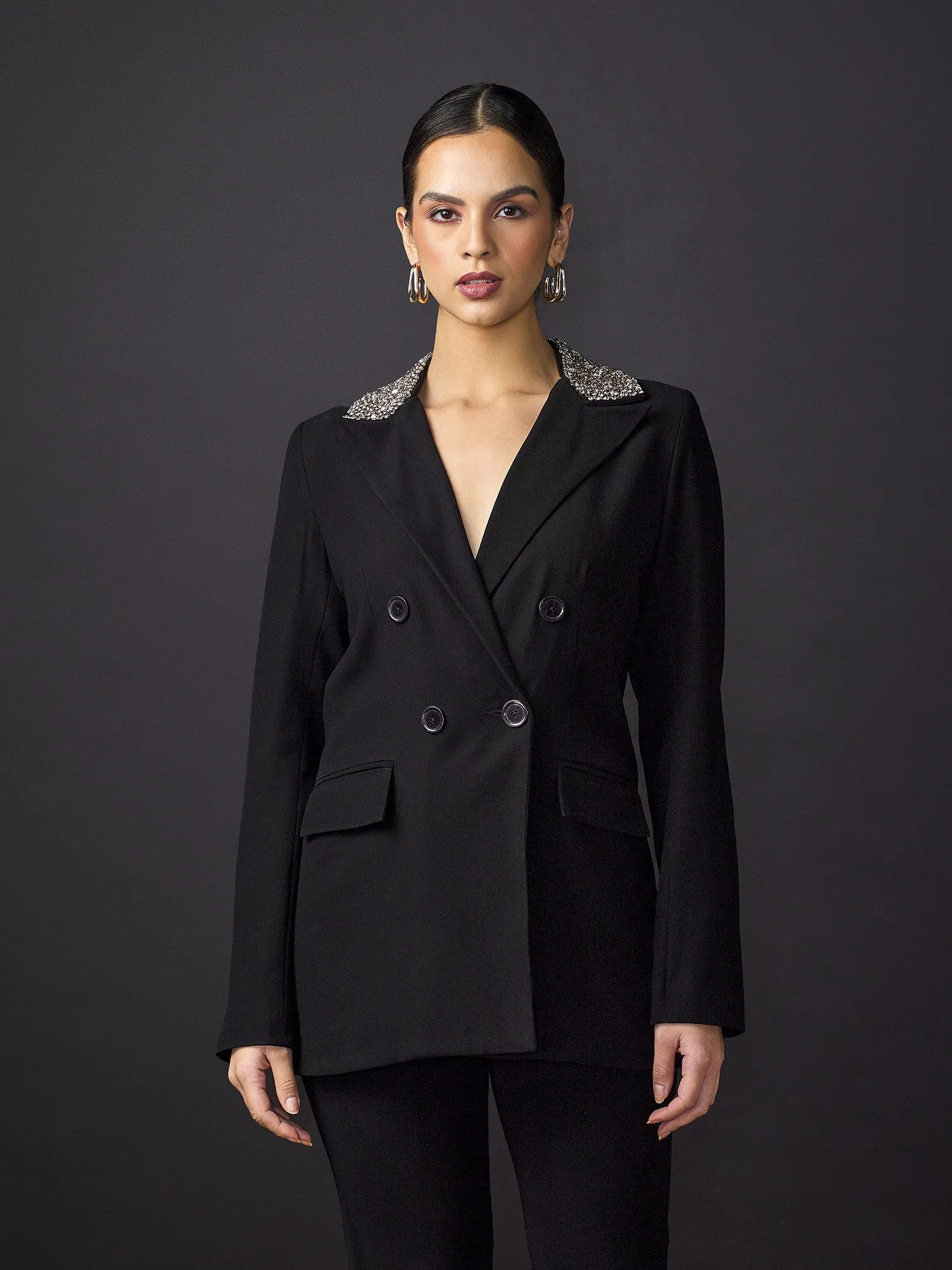 Marie Embellished Double Breasted Blazer-Black