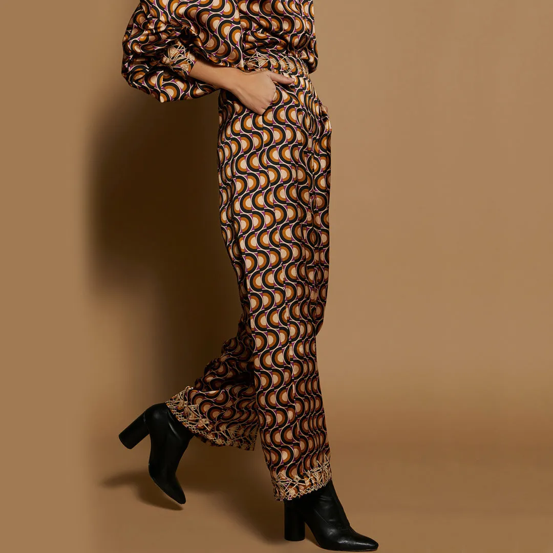 Meisie - Embroidered Satin Trousers Honey