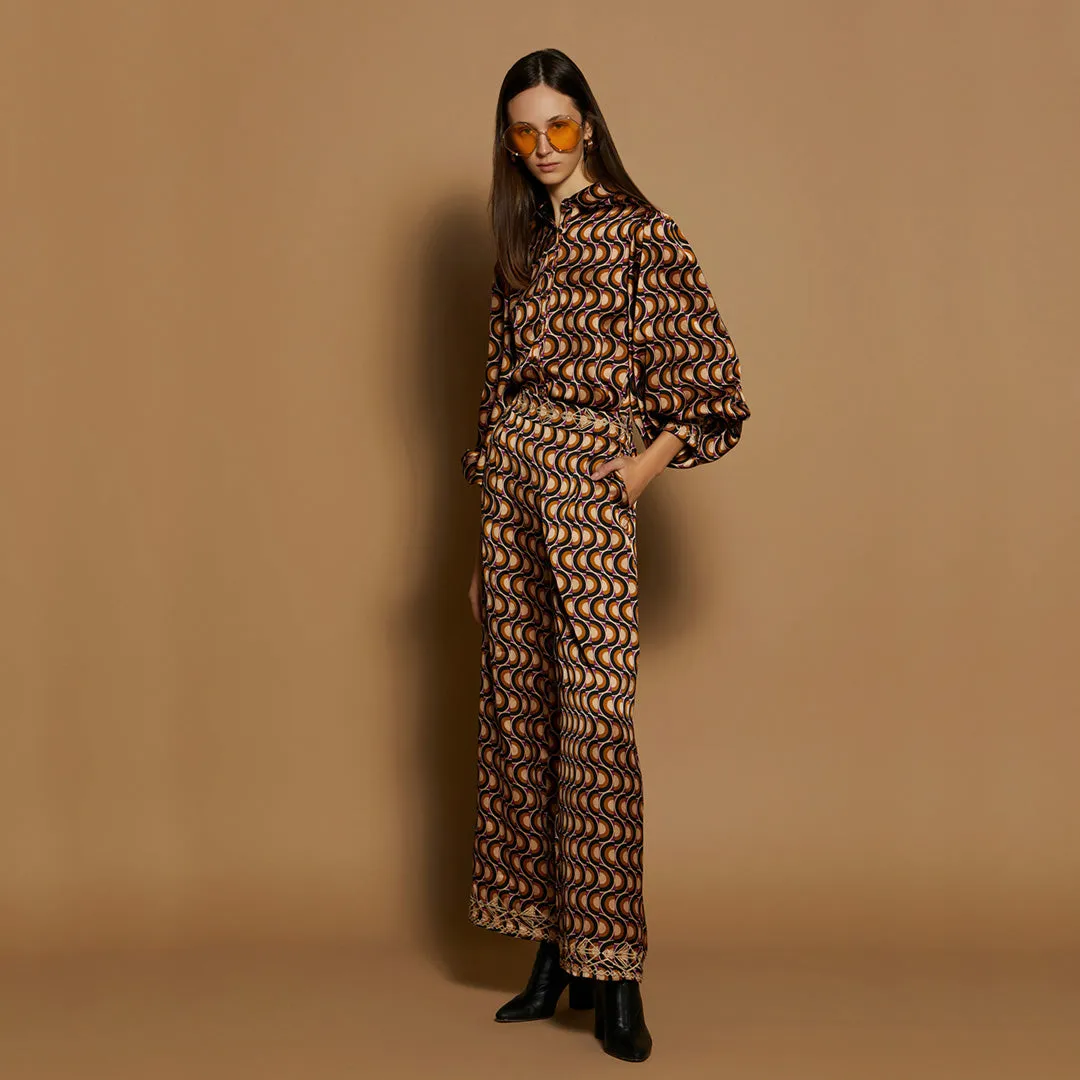 Meisie - Embroidered Satin Trousers Honey