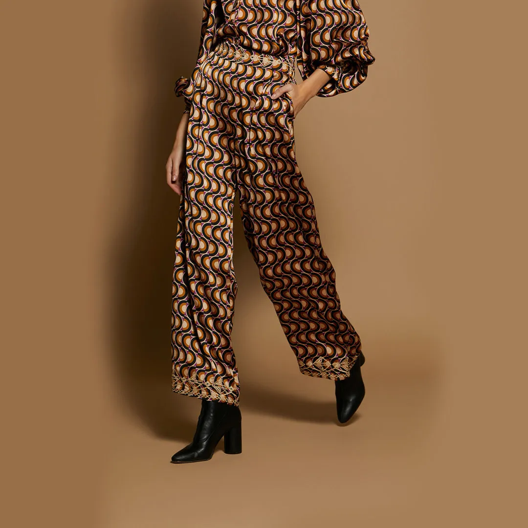 Meisie - Embroidered Satin Trousers Honey