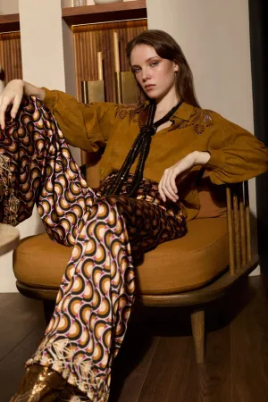 Meisie - Embroidered Satin Trousers Honey