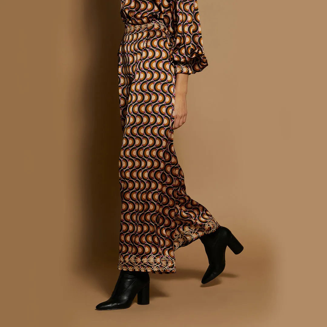 Meisie - Embroidered Satin Trousers Honey