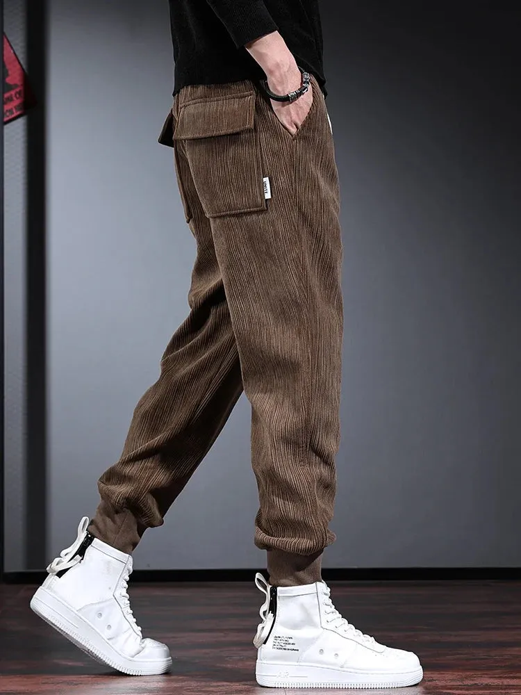 Men's Casual Corduroy Pants: Fashionable Black Pencil Pants with Letter Embroidery