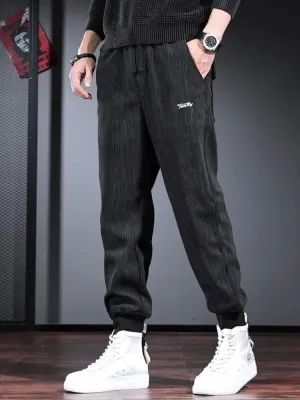 Men's Casual Corduroy Pants: Fashionable Black Pencil Pants with Letter Embroidery