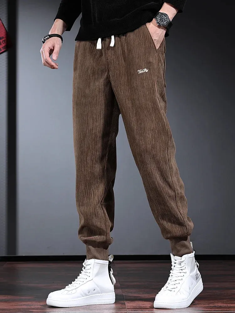 Men's Casual Corduroy Pants: Fashionable Black Pencil Pants with Letter Embroidery