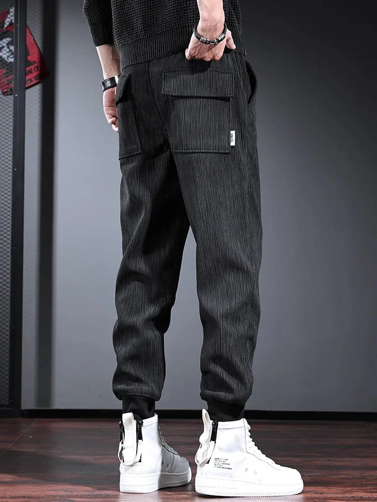 Men's Casual Corduroy Pants: Fashionable Black Pencil Pants with Letter Embroidery