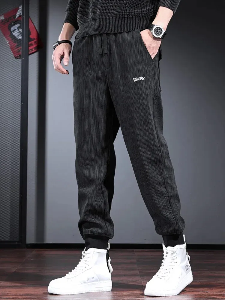 Men's Casual Corduroy Pants: Fashionable Black Pencil Pants with Letter Embroidery