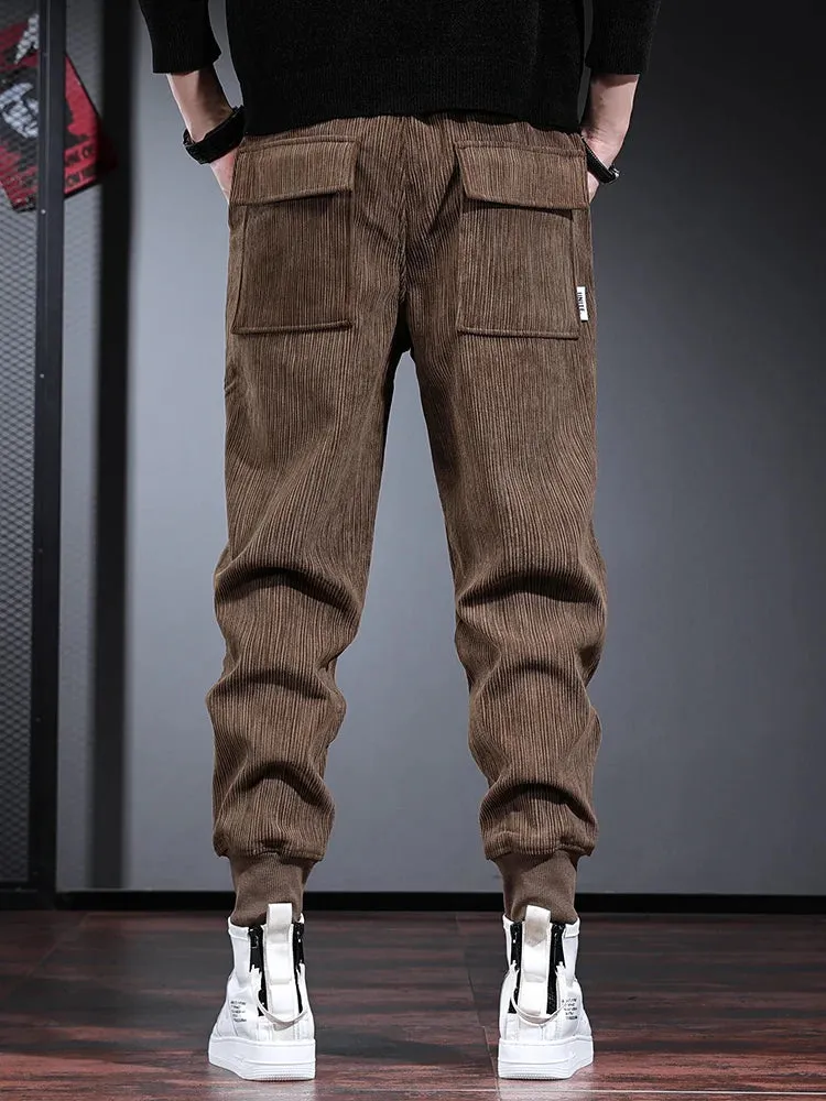 Men's Casual Corduroy Pants: Fashionable Black Pencil Pants with Letter Embroidery