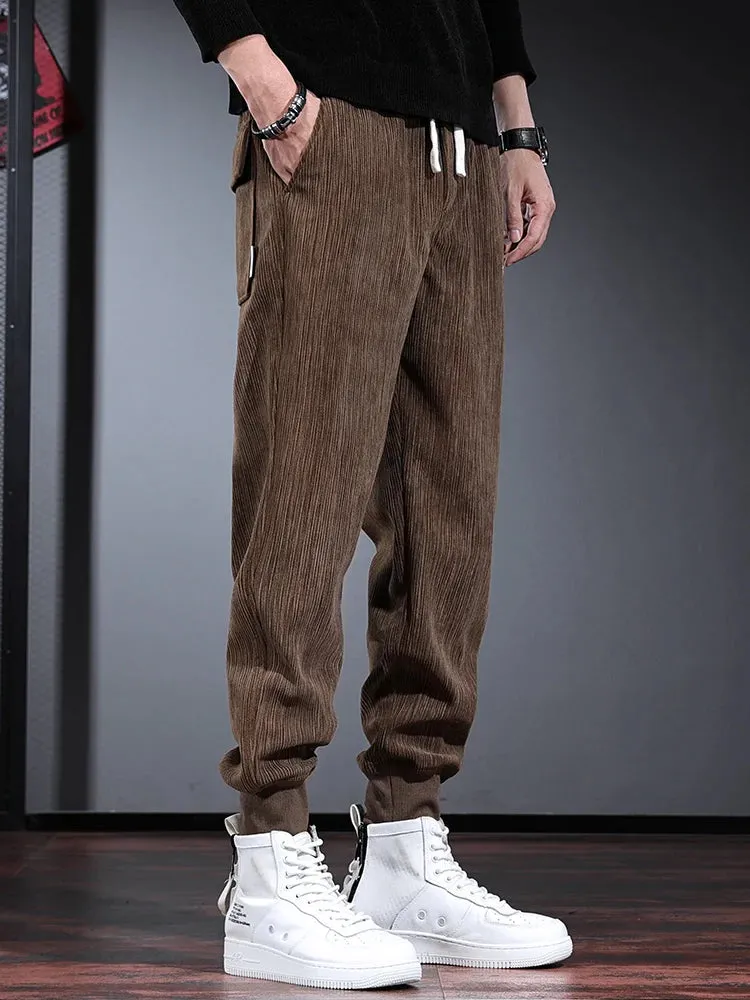 Men's Casual Corduroy Pants: Fashionable Black Pencil Pants with Letter Embroidery