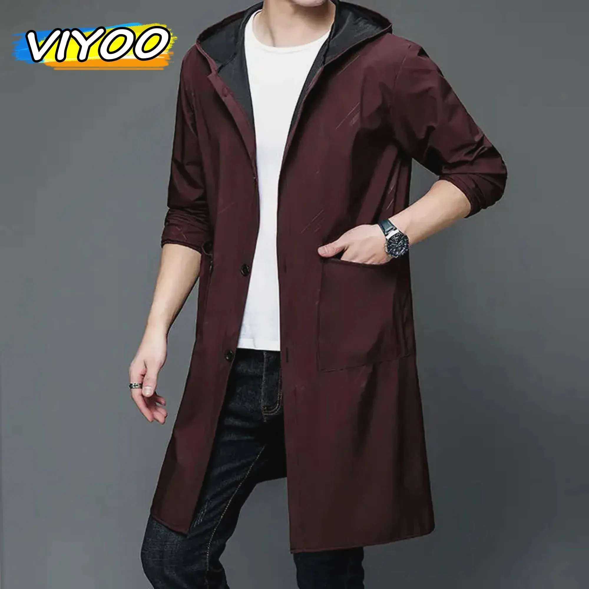 Men's Hooded Lightweight Trench Raincoat