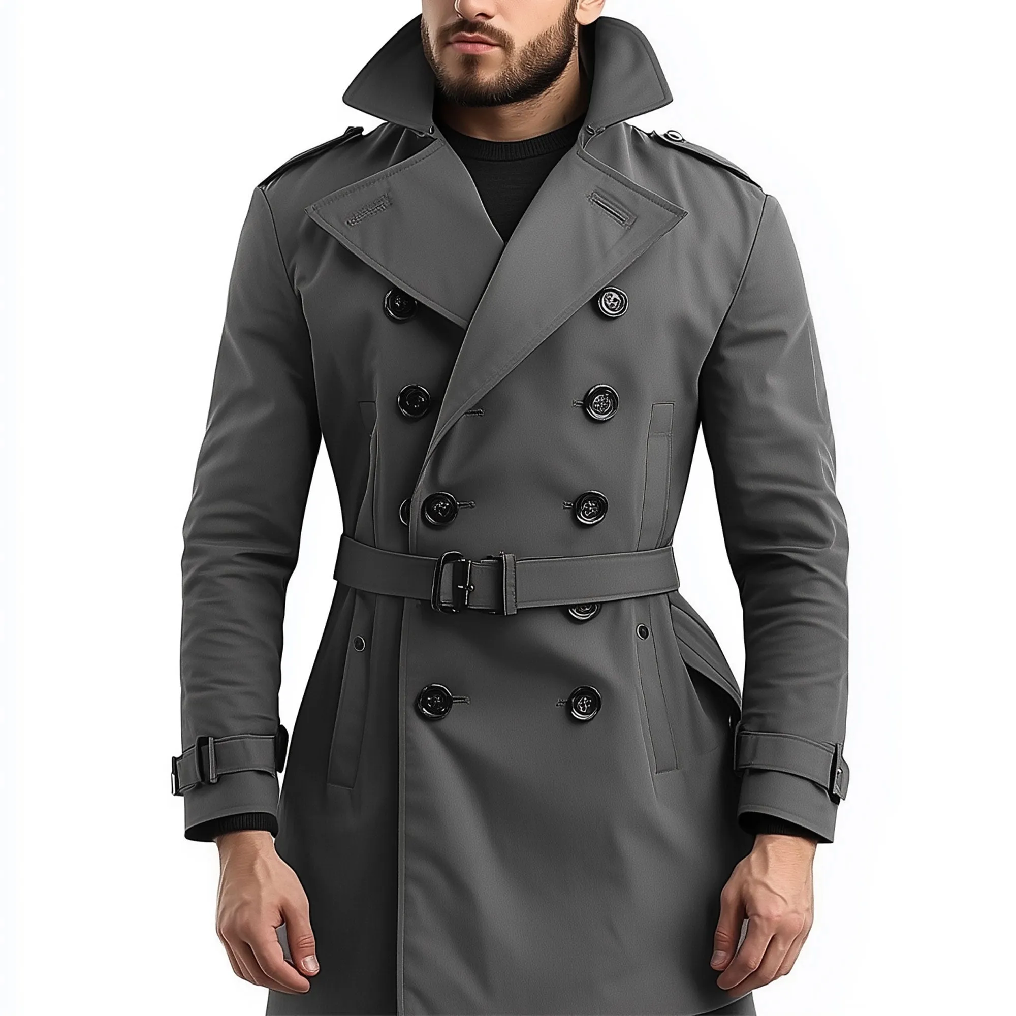 Mens Mini Trench Coat Grey Trench Coats Double Breasted Jacket Storm Flap Lepal Collar Multipockets Water Resistant Jackets For Men