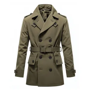 Mens Mini Trench Coat Olive Green Trench Coats Double Breasted Jacket Storm Flap Lepal Collar Multipockets Water Resistant Jackets For Men