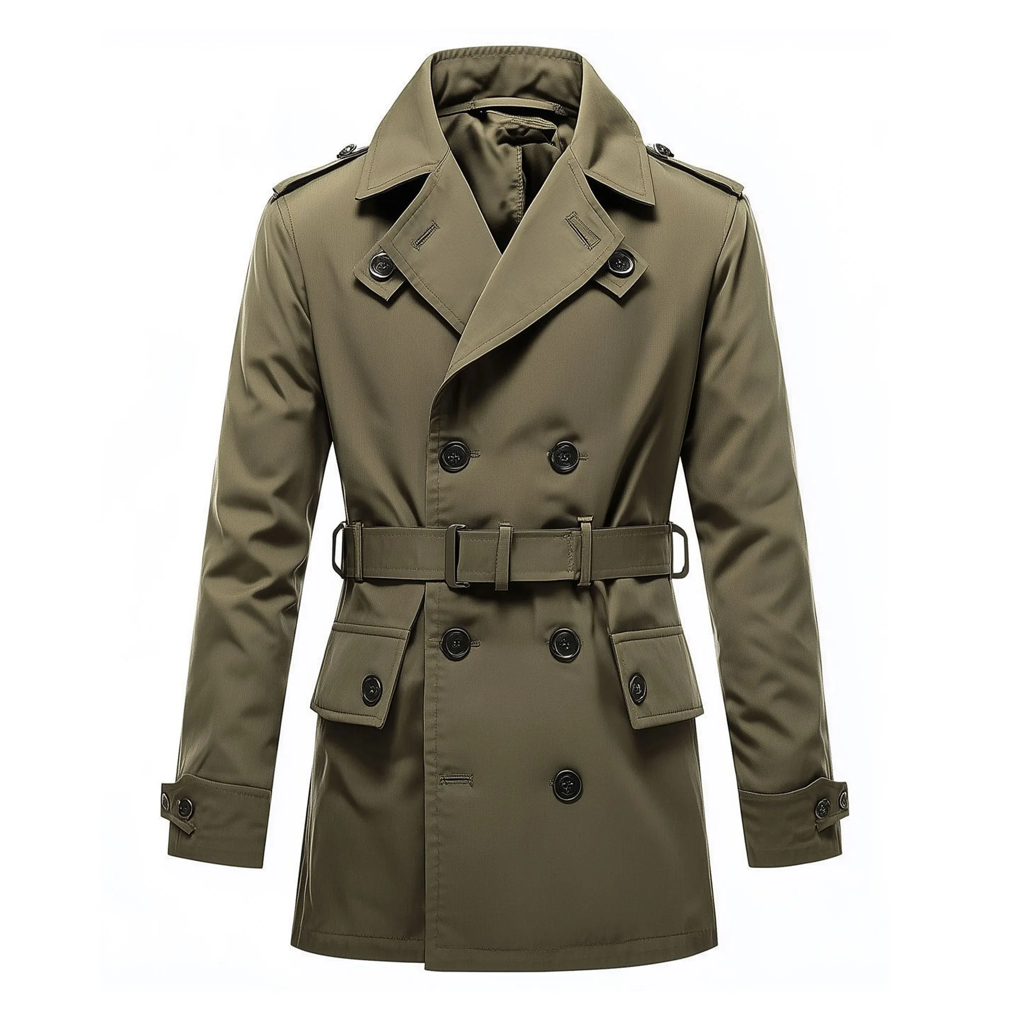 Mens Mini Trench Coat Olive Green Trench Coats Double Breasted Jacket Storm Flap Lepal Collar Multipockets Water Resistant Jackets For Men