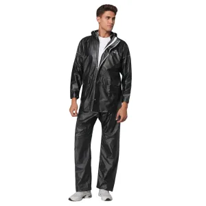 Men's Waterproof PVC Raincoat with Hood & Reflector | 2-Piece Set | XL | Black
