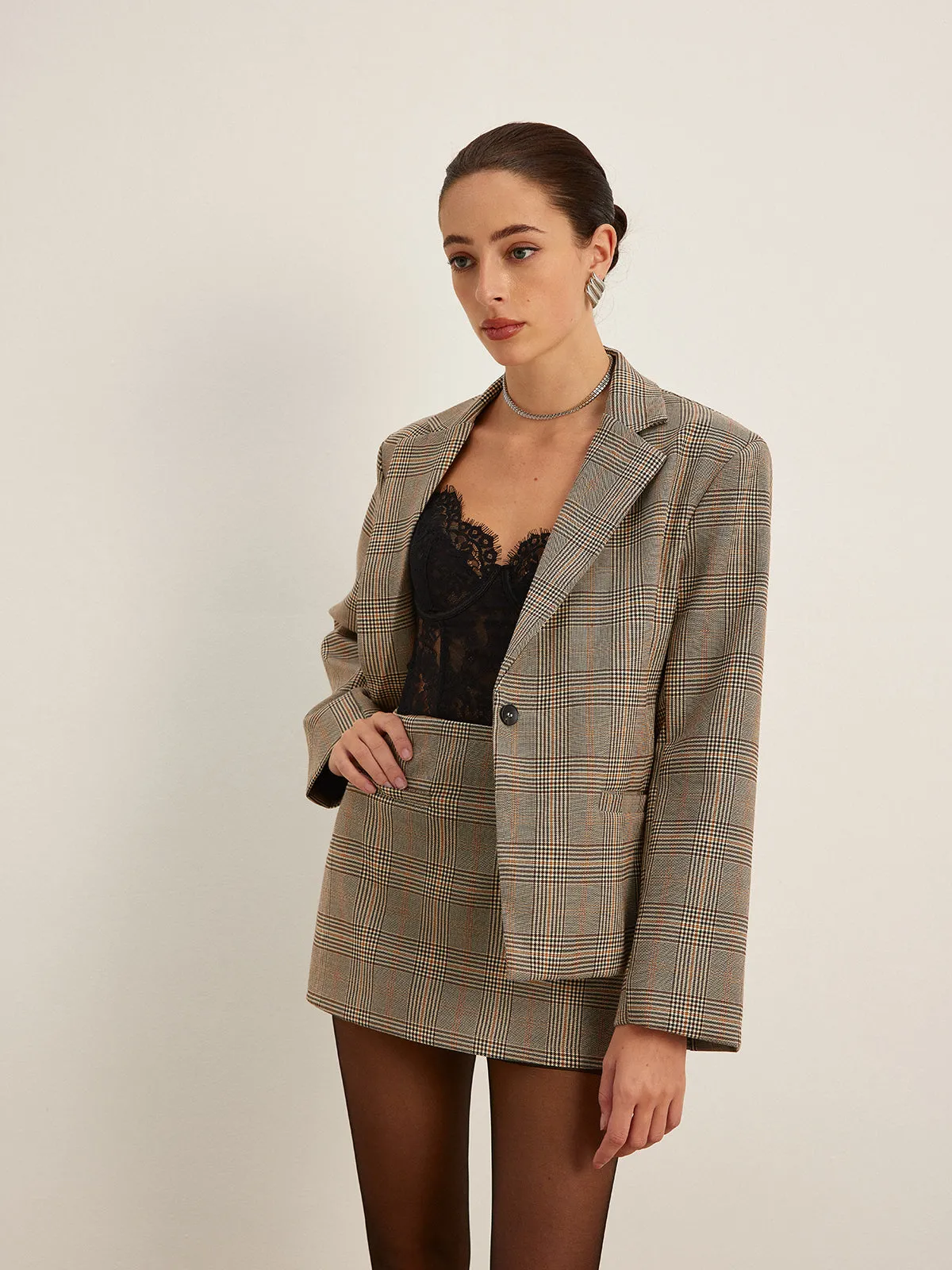 Mid-Waist Checked A-Line Skirt