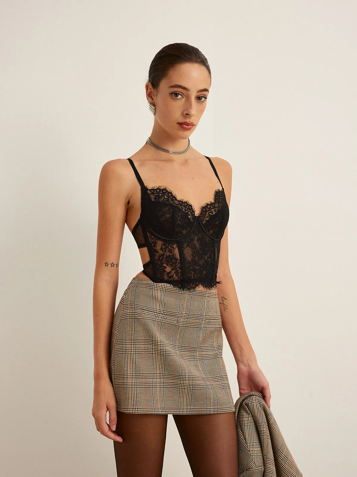 Mid-Waist Checked A-Line Skirt