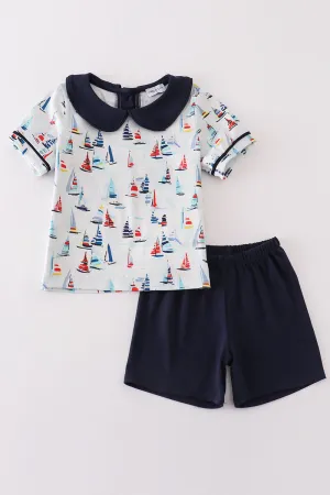Navy Sailboat Print Boy Set