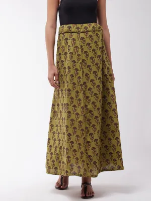 Olive Cotton Printed Skirt