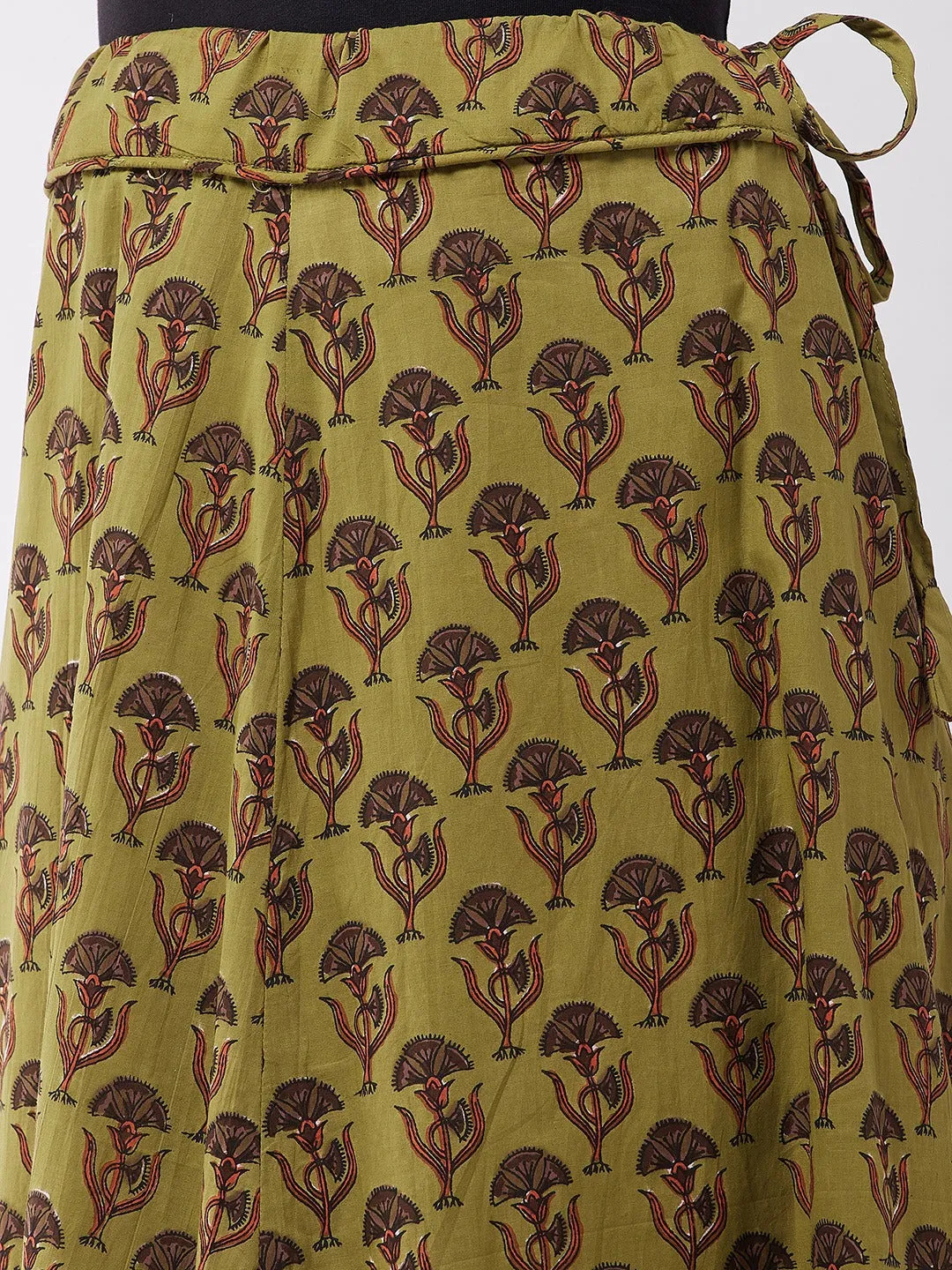 Olive Cotton Printed Skirt