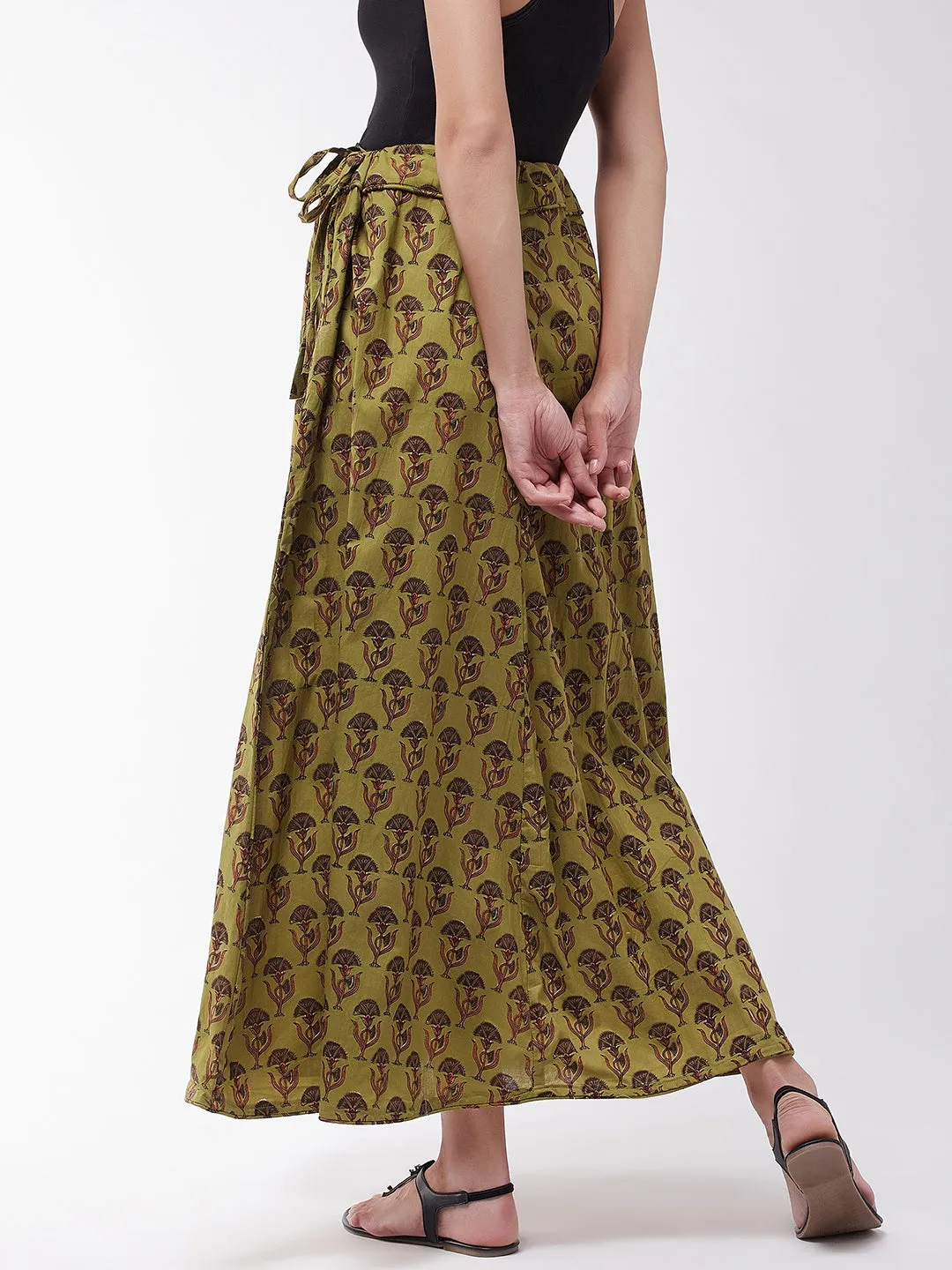 Olive Cotton Printed Skirt