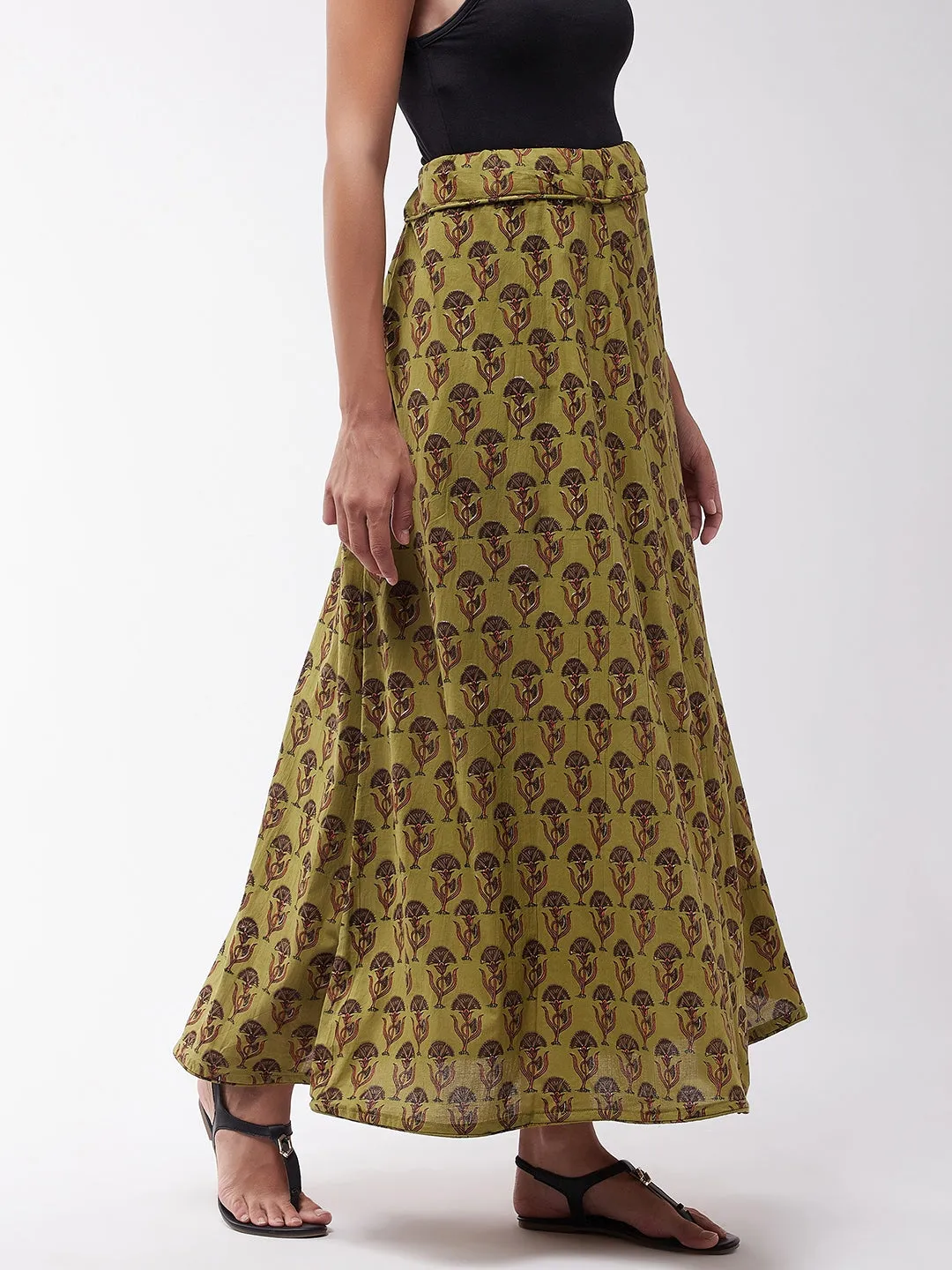 Olive Cotton Printed Skirt