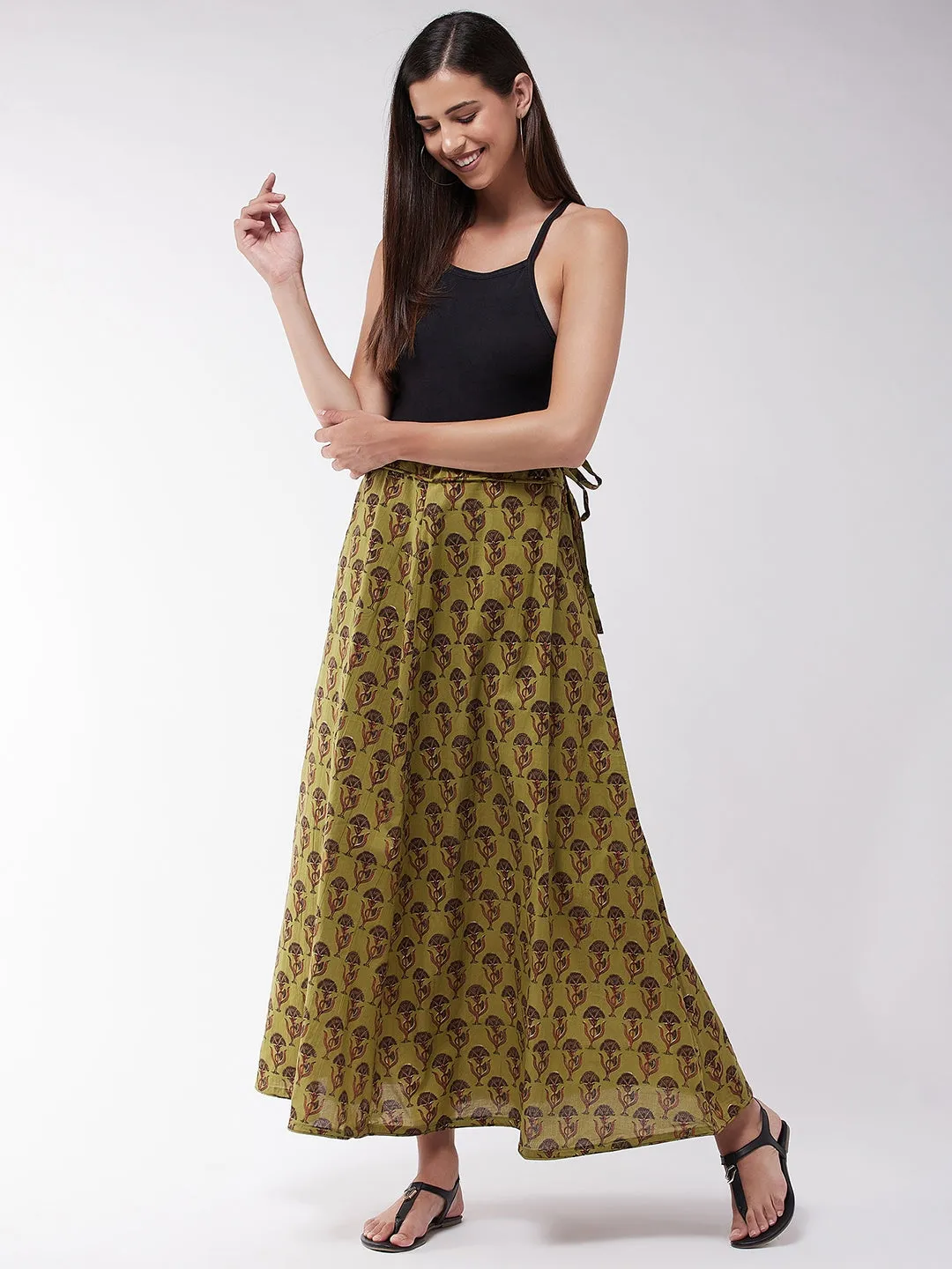 Olive Cotton Printed Skirt