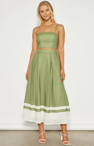 Olive Faux Linen Placement Print Top & Skirt Set