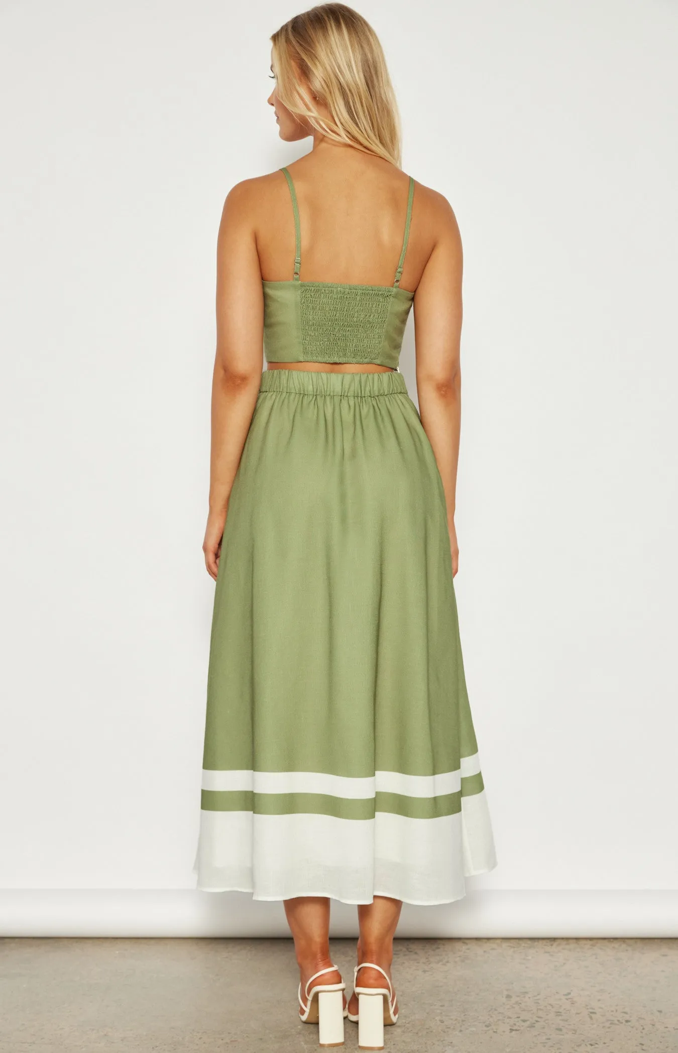 Olive Faux Linen Placement Print Top & Skirt Set