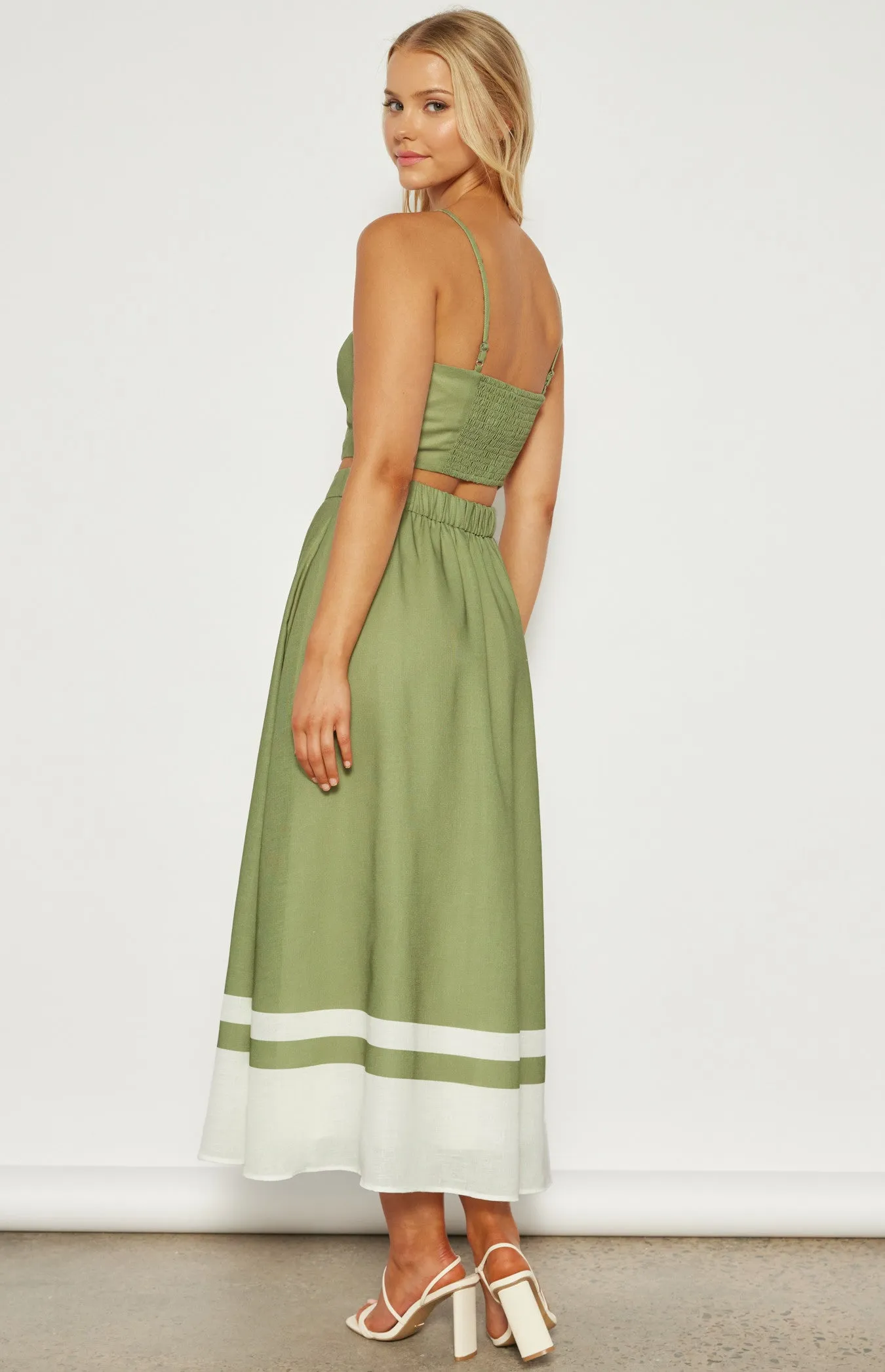 Olive Faux Linen Placement Print Top & Skirt Set
