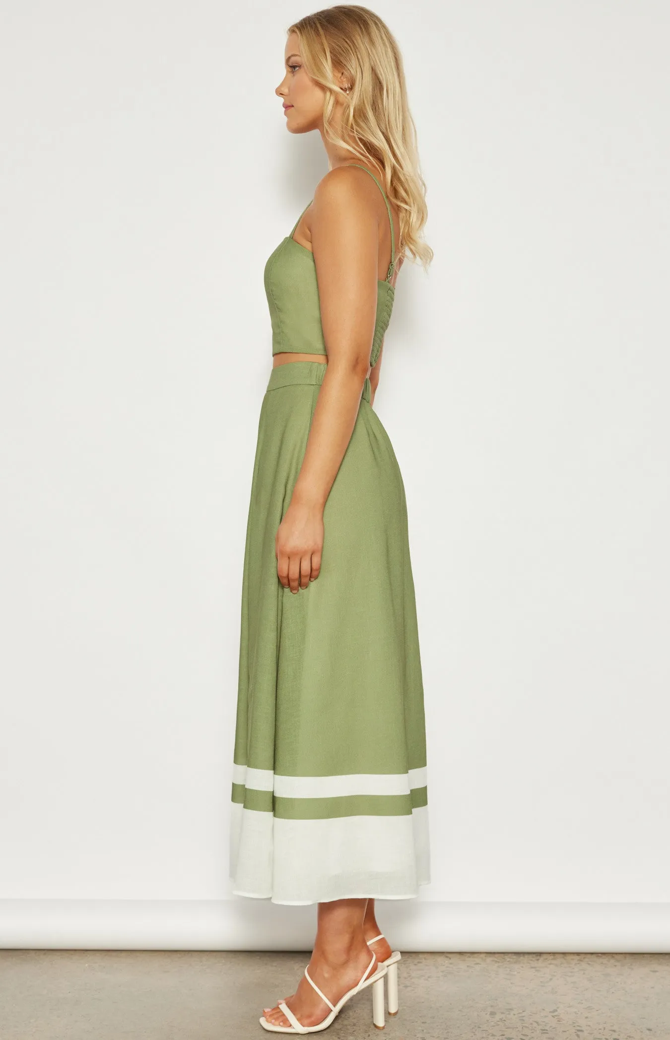 Olive Faux Linen Placement Print Top & Skirt Set