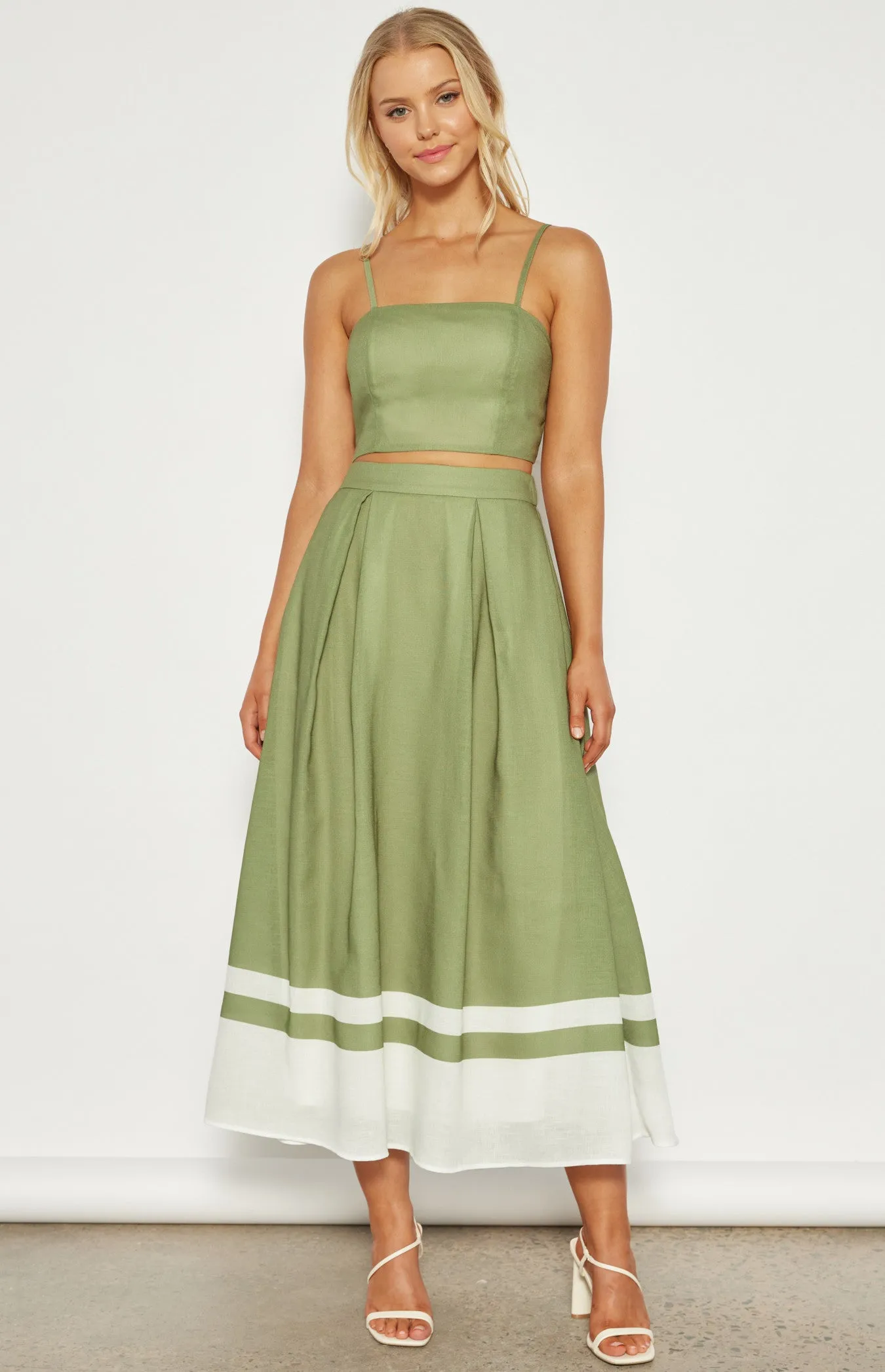 Olive Faux Linen Placement Print Top & Skirt Set