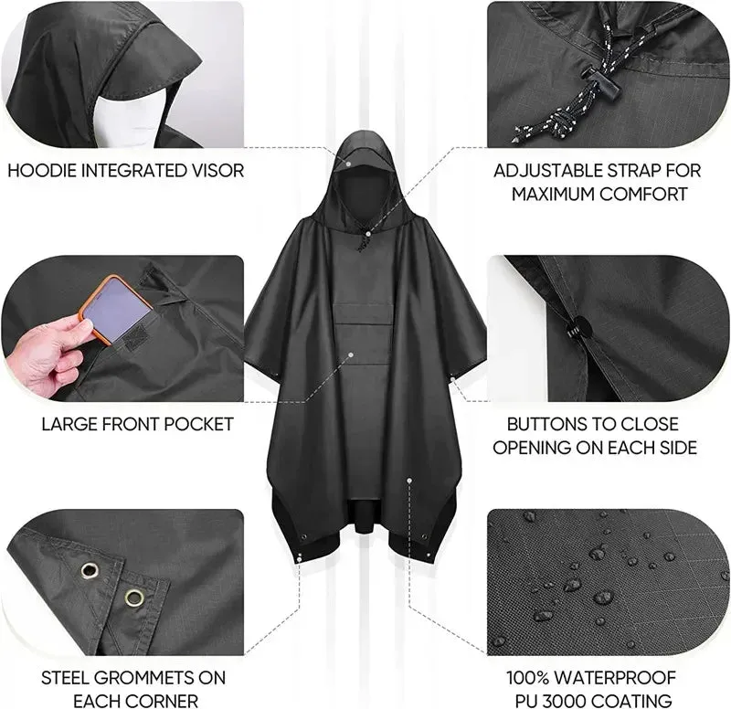 Outdoor Hooded Rain Poncho with Pocket - Waterproof Lightweight Unisex Raincoat for Hiking, Camping, Emergency