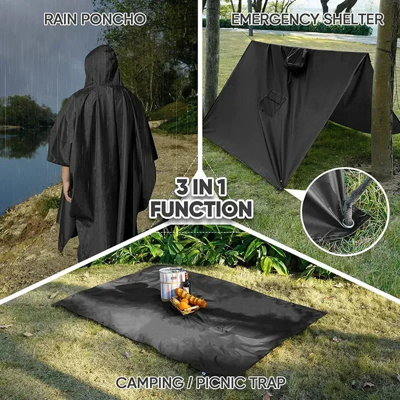 Outdoor Hooded Rain Poncho with Pocket - Waterproof Lightweight Unisex Raincoat for Hiking, Camping, Emergency