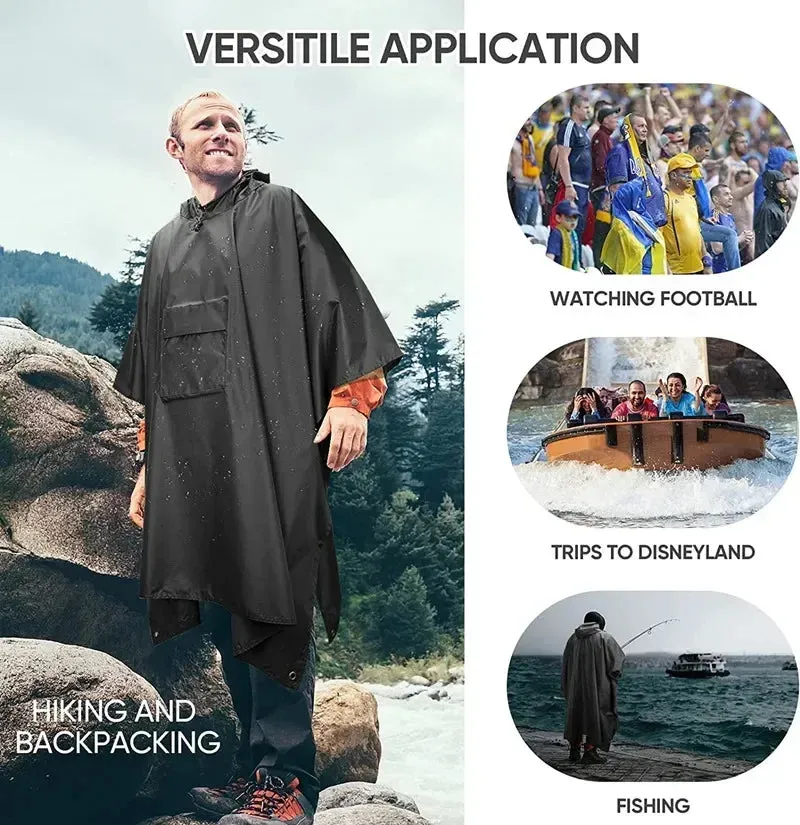 Outdoor Hooded Rain Poncho with Pocket - Waterproof Lightweight Unisex Raincoat for Hiking, Camping, Emergency