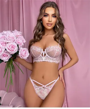 Pink 2Pcs Floral Lace Spaghetti Straps Lingerie Set