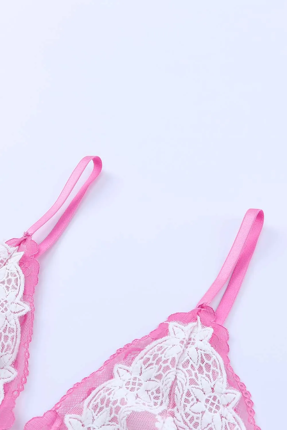 Pink 3Pcs Color Block Lace Bralette Lingerie Set