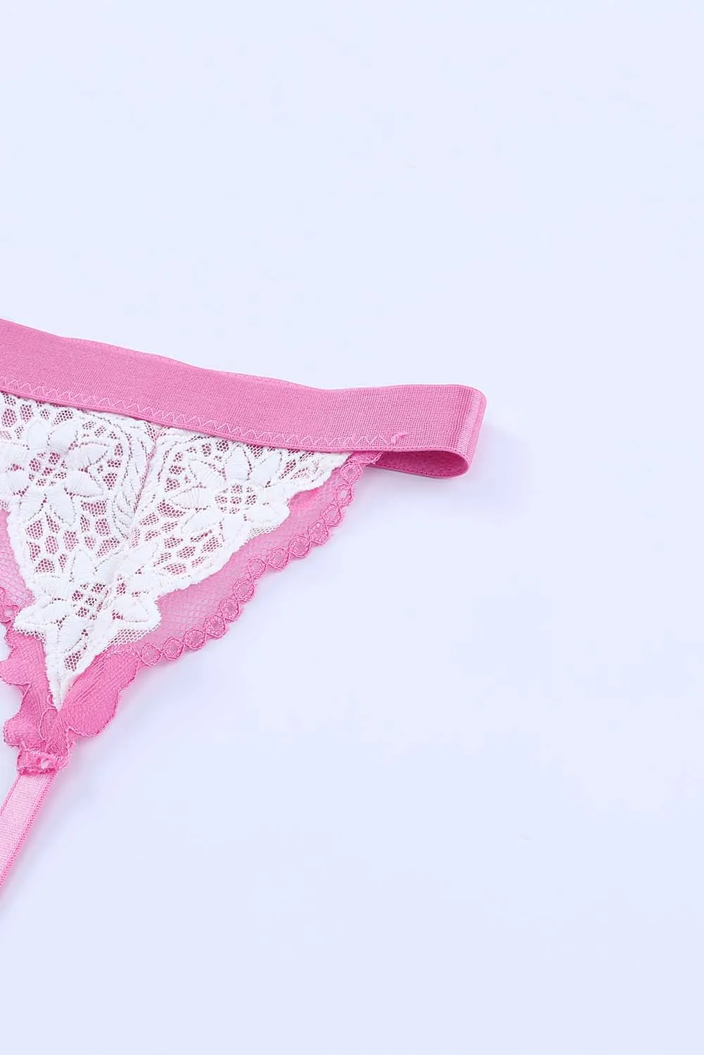 Pink 3Pcs Color Block Lace Bralette Lingerie Set