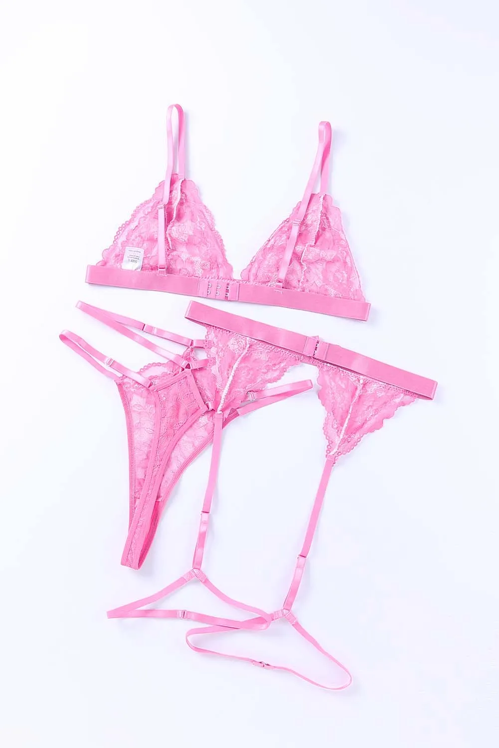 Pink 3Pcs Color Block Lace Bralette Lingerie Set