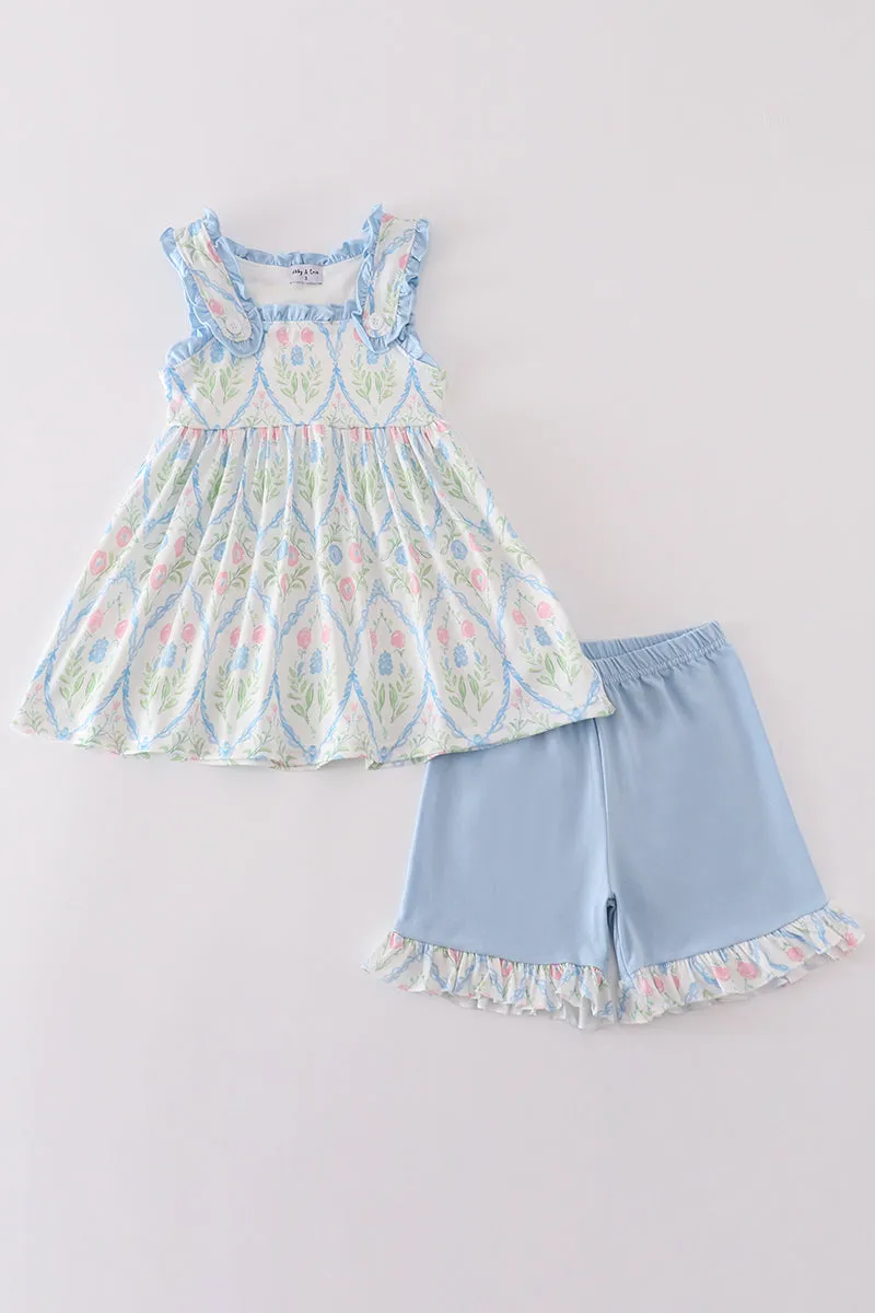 Pink Blue Floral Print Girl Set