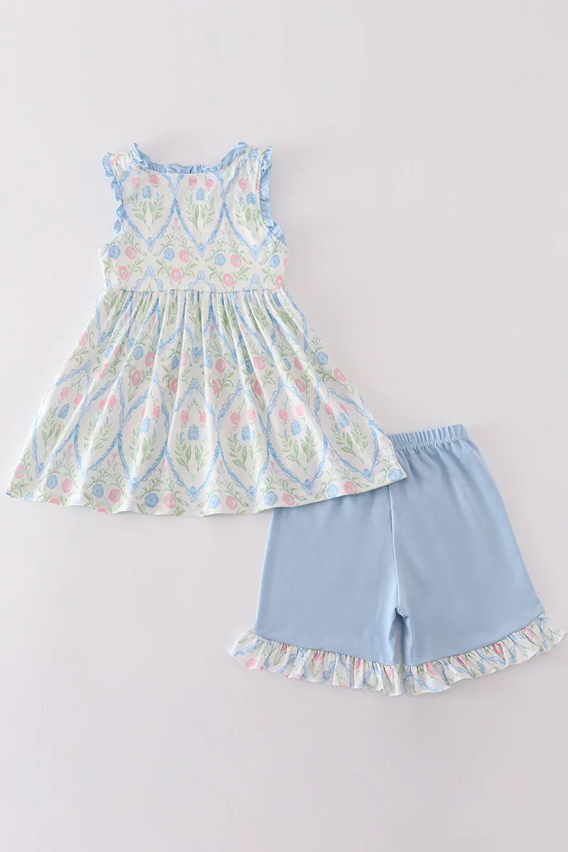 Pink Blue Floral Print Girl Set