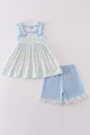 Pink Blue Floral Print Girl Set