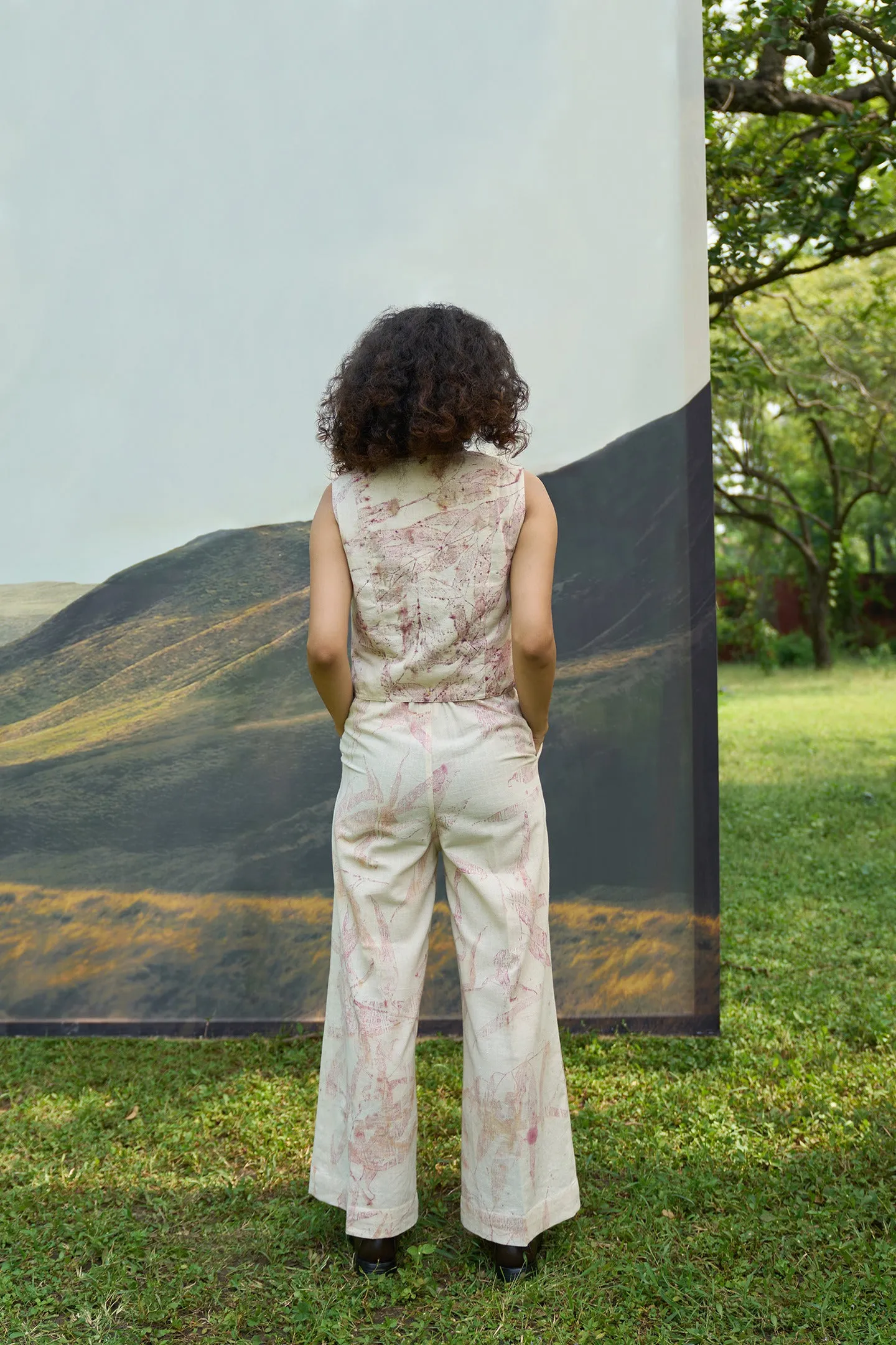 Pink Foliage Vest & Flared Pants Set