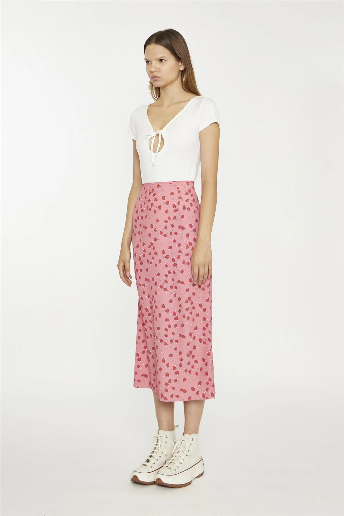 Pink Strawberry-Print Midaxi-Skirt