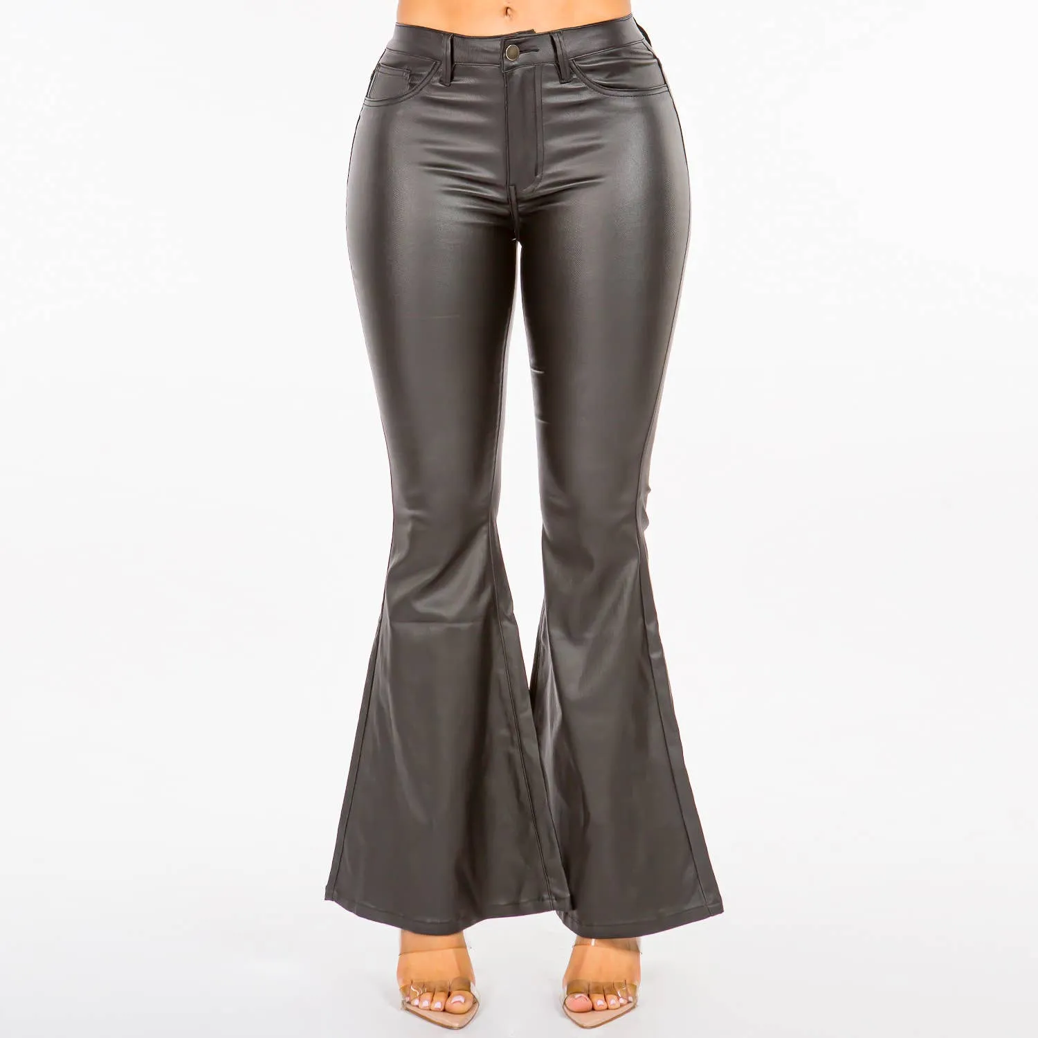 PLUS SIZE HIGH WAIST FAUX LEATHER FLARE PANTS