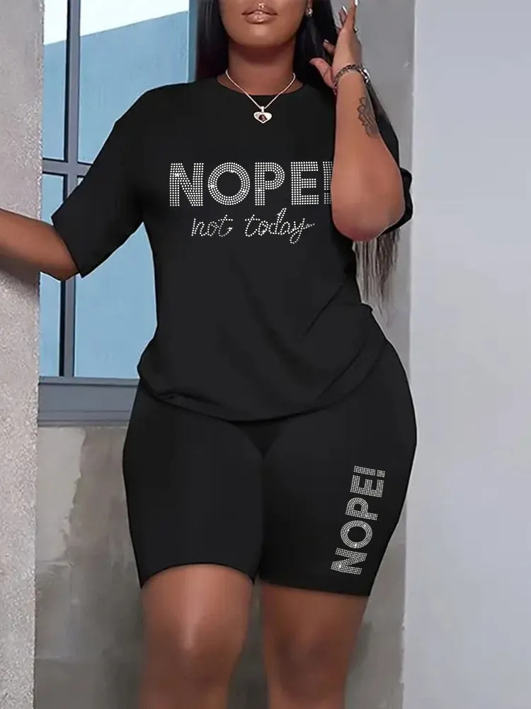 Plus Size Two Piece Rhinestone Letter Print Short Sleeve Tee & Shorts Set