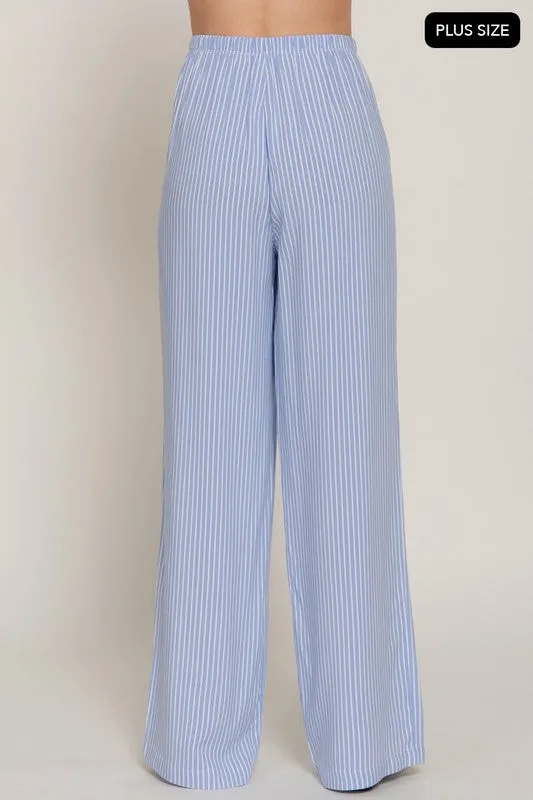 Plus Size Waistband with String Blue Stripe Print Woven Pants