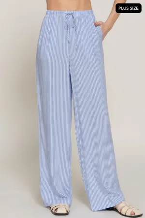 Plus Size Waistband with String Blue Stripe Print Woven Pants
